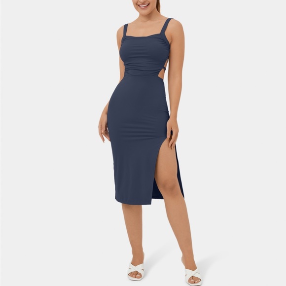 HALARA Dresses & Skirts - COPY - Halara Ruched Backless Crisscross Lace Up split Bodycon Midi Casual Dress